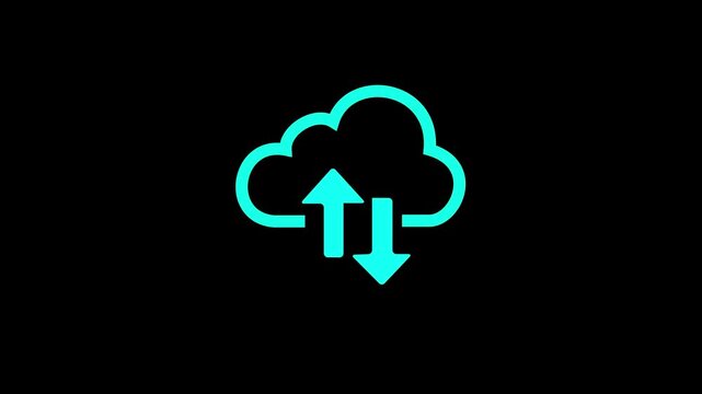 Neon cloud computing technology with upload and download symbols, representing secure data storage, cloud infrastructure, file synchronization.
