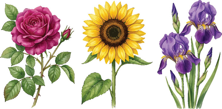 Watercolor botanical illustration set featuring a pink rose a yellow sunflower and purple iris flowers isolated