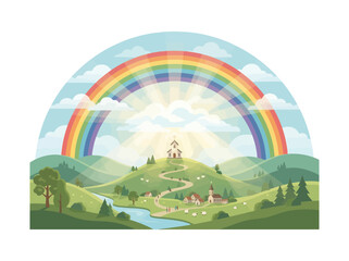 Obraz premium A vibrant rainbow arches over a peaceful green landscape with a small church on a hill.