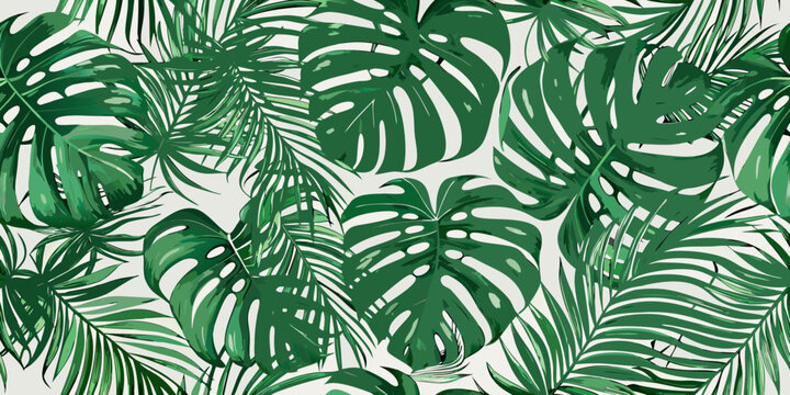 seamless pattern of green monstera leaves on white background tropical botanical nature leaf plant design illustration vector graphic natural jungle