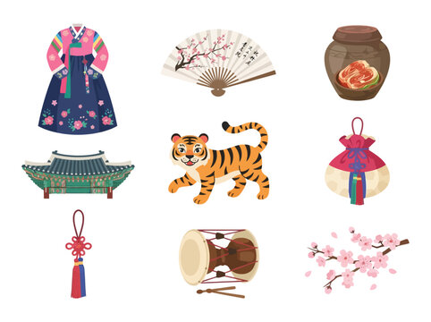 A collection of traditional Korean cultural symbols and festive items including clothing architecture and nature elements.