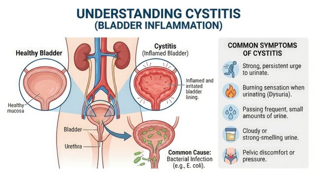 Urogenital health education: Cystitis condition, bladder inflammation, bacterial infection, common symptom, urge urinate, dysuria burn, pelvic discomfort, organ compare, urethra pathway.