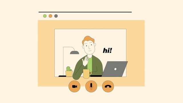 Young Man Video Calling on Laptop Laptop Screen Interface Web Browser UI Presentation 2D Animation.
