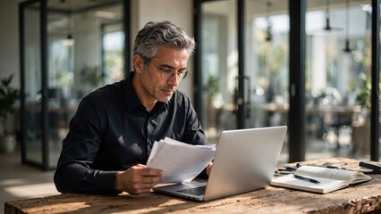 Fototapeta premium Mature Businessman Wearing Glasses Reading Important Documents While Working on Laptop in Modern Office with Natural Sunlight and Blurred Background for Business Concept