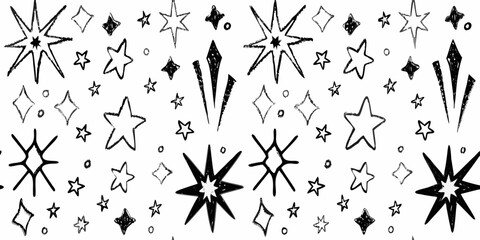 doodle stars and celestial sparkles in black and white line art pattern illustration sketch drawing space astronomy cosmic night sky © Tapas