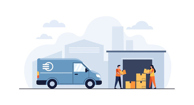 Delivery truck with people loading boxes.