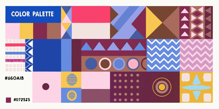Geometric pattern arrangement with color swatches and circular elements