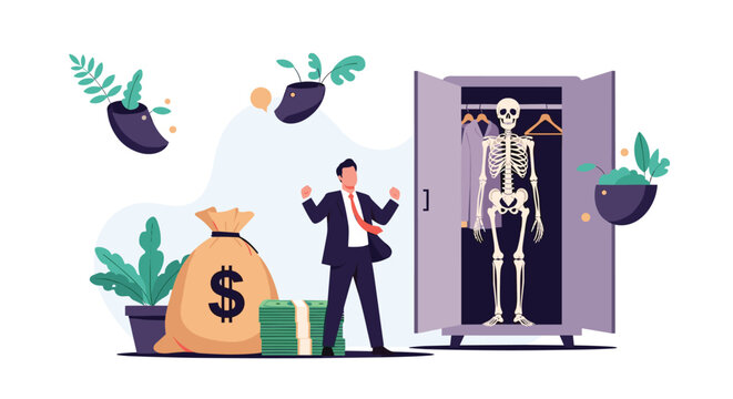 Successful businessman celebrating with money while a skeleton is hidden in his open closet representing a dark secret.