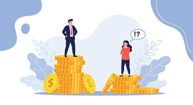 Businessman and businesswoman standing on unequal stacks of gold coins representing the gender pay gap in business.