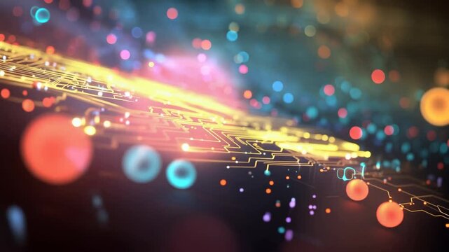 Dynamic vibrant circuit board landscape with glowing lights and futuristic technology elements