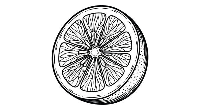 Detailed hand drawn illustration of a vibrant citrus fruit slice, revealing its intricate segments and textured rind.