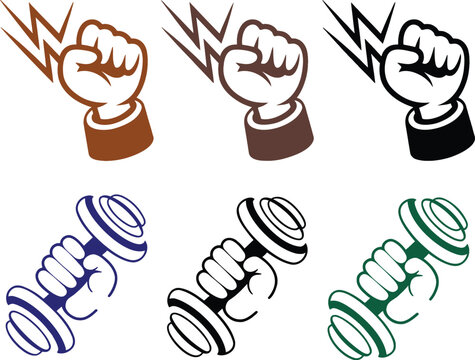 Vibrant collection of comic style fist and dumbbell fitness workout icons for strength training