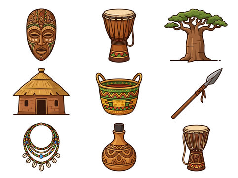 Collection of traditional African cultural icons and tribal artifacts.