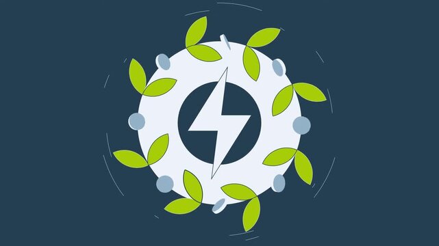 Lightning Bolt Power Icon Surrounded by Green Leaves Wreath. Clean Sustainable Renewable Energy 2D Animation.