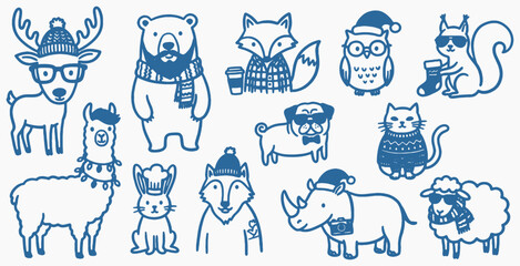 A collection of cute cartoon animals dressed in winter clothing, perfect for holiday designs. © Riki