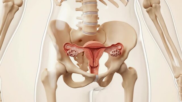 Human gynecologic anatomy: uterus model, ovary structure, menstrual cycle, hormone regulation, womb function, fertility health, reproduction process, endometrium change, gynecology study.