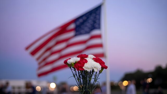 Civic holiday remembrance american flag and carnations at memorial site