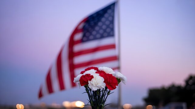 Civic holiday remembrance american flag with carnations for memorial day or patriotic event