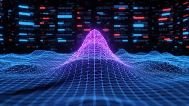 Abstract digital data visualization with glowing purple peak on blue wireframe grid