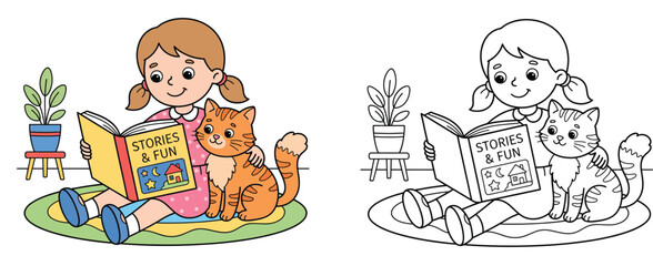 Fototapeta premium Little Girl Reading Book to her Cute Cat Character Set for Kids Coloring Page and Vector Illustration