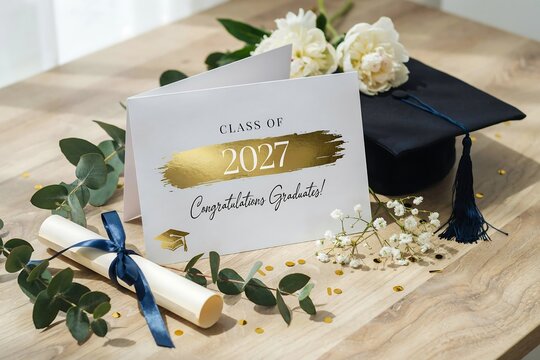 Class of 2027 Graduation Card with Diploma, Cap and White Flowers, Elegant Academic Celebration Still Life