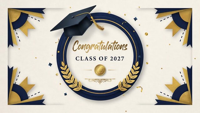 Class of 2027 Graduation Congratulations with Navy Cap and Gold Laurel Frame, Elegant Academic Celebration Design