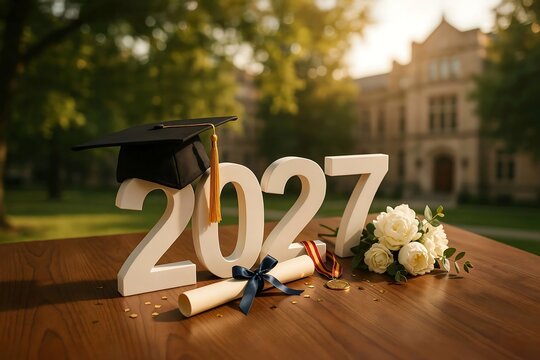 Class of 2027 Graduation Display with Cap, Diploma and Flowers on University Campus, Academic Celebration Background
