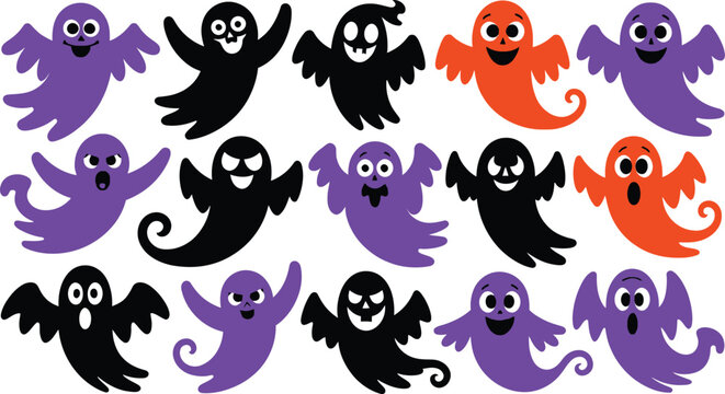 Cute halloween ghost characters collection spooky and playful vector graphics