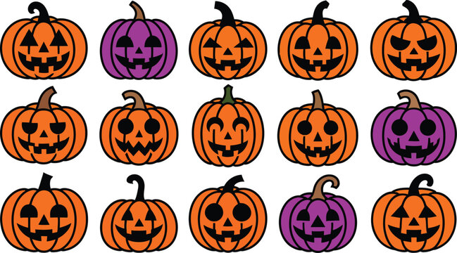 Festive halloween jack o' lanterns collection in orange and purple tones