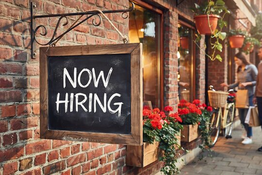 Now Hiring Chalkboard Sign Outside Rustic Brick Storefront, Local Business Recruitment and Job Vacancy Concept