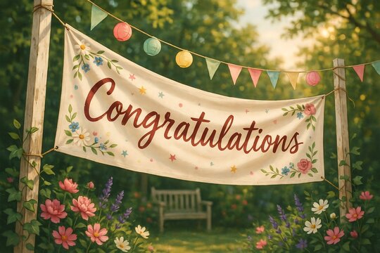 Congratulations Banner in Flower Garden with Colorful Lanterns, Festive Outdoor Celebration Background