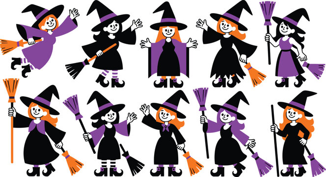Charming halloween witch characters collection with broomsticks and playful poses