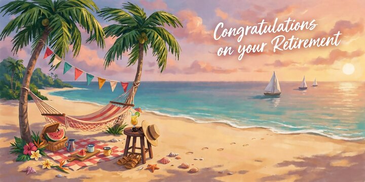 Retirement Congratulations with Tropical Beach Hammock and Sunset Ocean, Relaxing Vacation Celebration Illustration