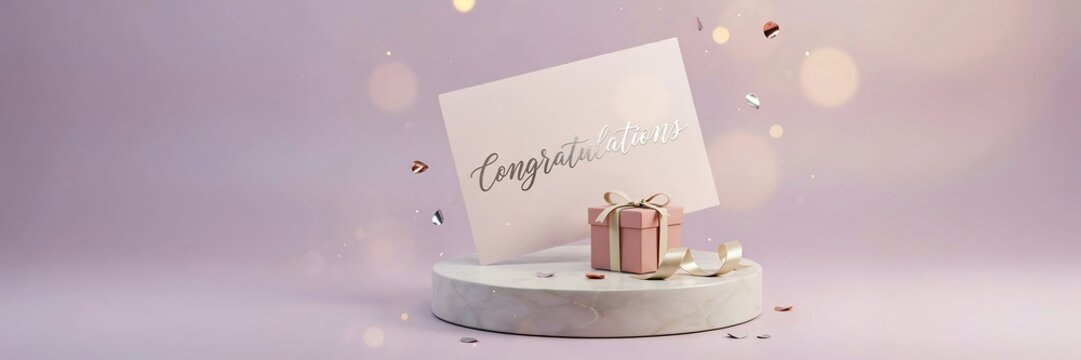 Congratulations Greeting Card with Pink Gift Box on Marble Podium, Elegant 3D Celebration Background