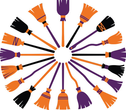 Halloween witch broomsticks circular pattern orange and purple design