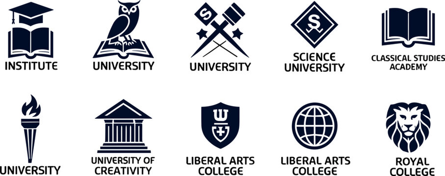 Higher education and university logo vector icon set featuring dark monochrome emblem designs for college academies