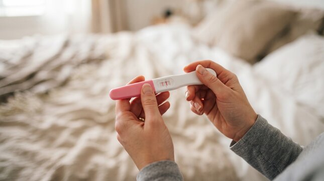 Woman Holding Home Pregnancy Test Showing Positive Result in Bedroom Close Up
