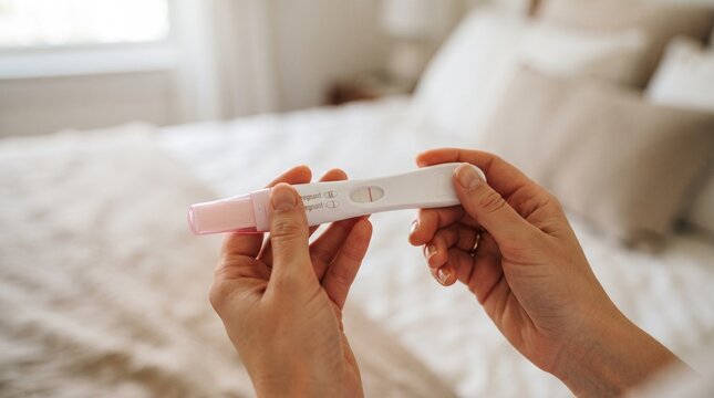 Woman Holding Home Pregnancy Test Showing Positive Result in Bedroom Close Up