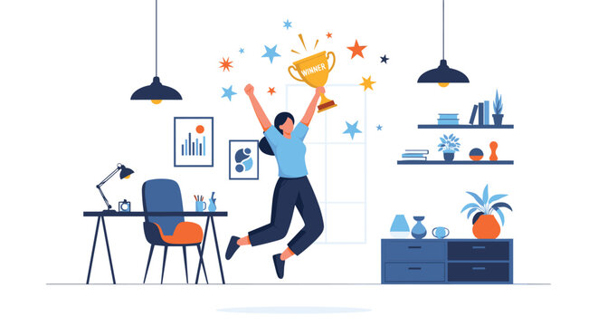 Energetic woman jumps for joy in her home office holding a gold winner trophy to celebrate a major professional achievement.