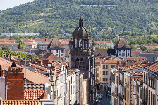 Historic street leading to the Church of Notre-dame du Marthuret  in Riom Auvergne France. Architectural heritage reflects the rich history of one of the regions historic towns.