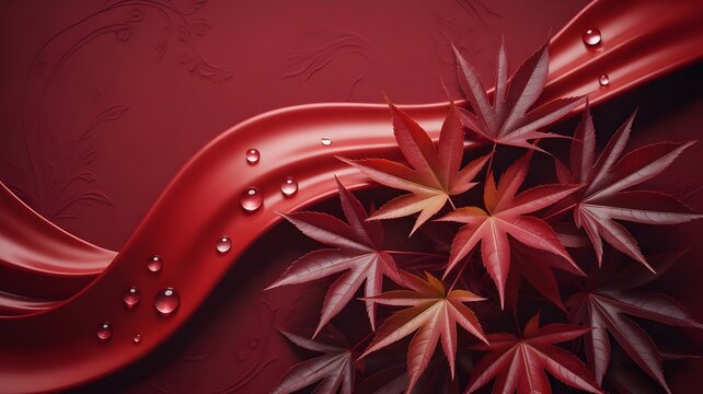 Civic holiday autumnal still life red maple leaves and dew drops