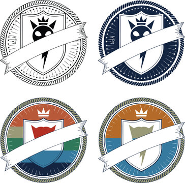 Decorative shield crests with crowns, lightning bolts, and customizable blank banners