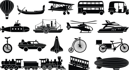 Vintage and Modern Transportation Vehicle Black Silhouette Icon Collection Set © meftahul creatives
