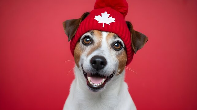 Happy civic holiday adorable dog wearing canadian maple leaf hat festive celebration