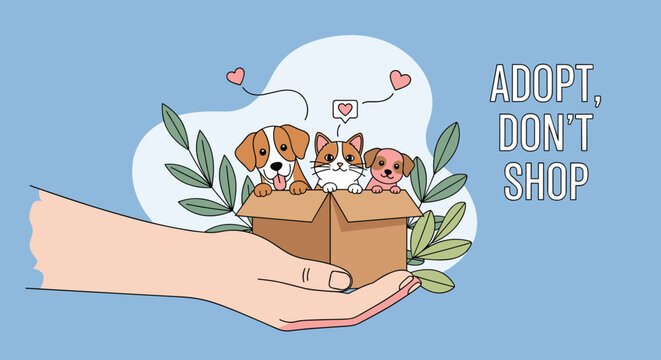 Hand holds a box containing a rescued puppy and kitten with the message to adopt animals rather than shopping for pets.