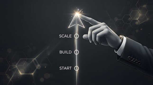 Close up businessman hand touching glowing scale timeline arrow icon representing business growth roadmap and future corporate planning strategy development