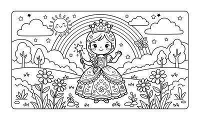 Cute fairy princess coloring page for kids with magic wand, rainbow, smiling sun, stars, flowers, and butterfly in fantasy garden © Farhana