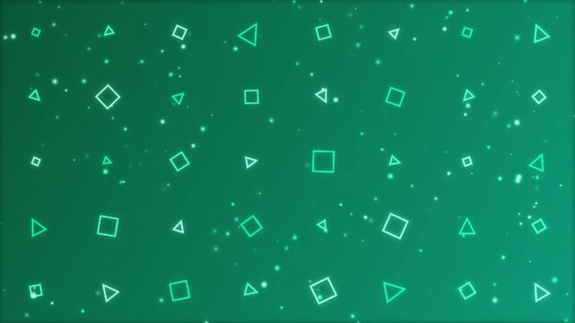 Glowing neon squares and triangles floating in a vibrant emerald green space with tiny particles