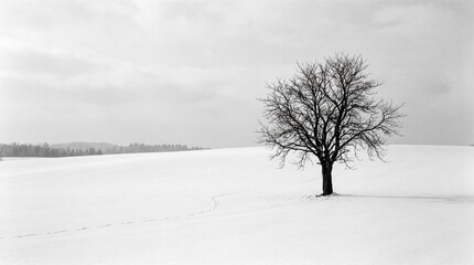 Fototapeta premium Lonely bare tree standing in snowy field