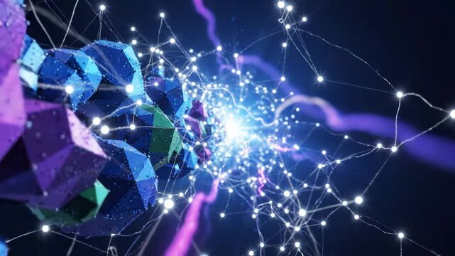 Abstract network connection with glowing nodes and lines connecting geometric polyhedral shapes in a dark digital space